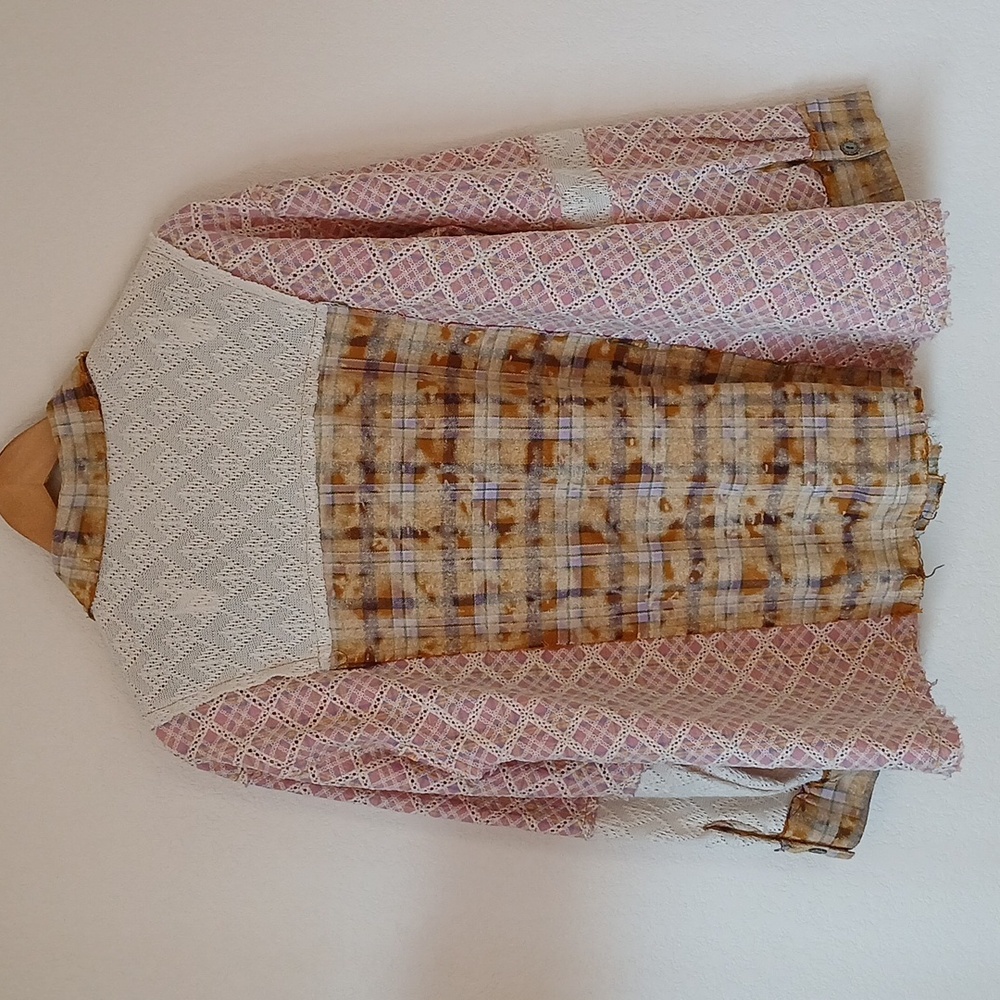 Pol Flannel Crochet Patchwork Button Up Oversized… - image 5